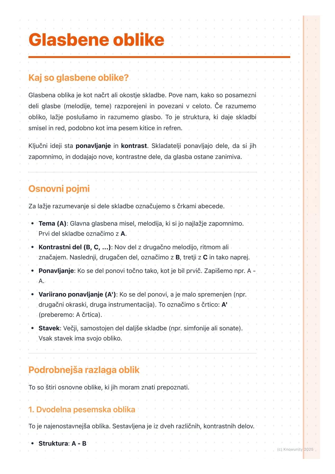 # Glasbene oblike

Kaj so glasbene oblike?

Glasbena oblika je kot načrt ali okostje skladbe. Pove nam, kako so posamezni
deli glasbe (melod