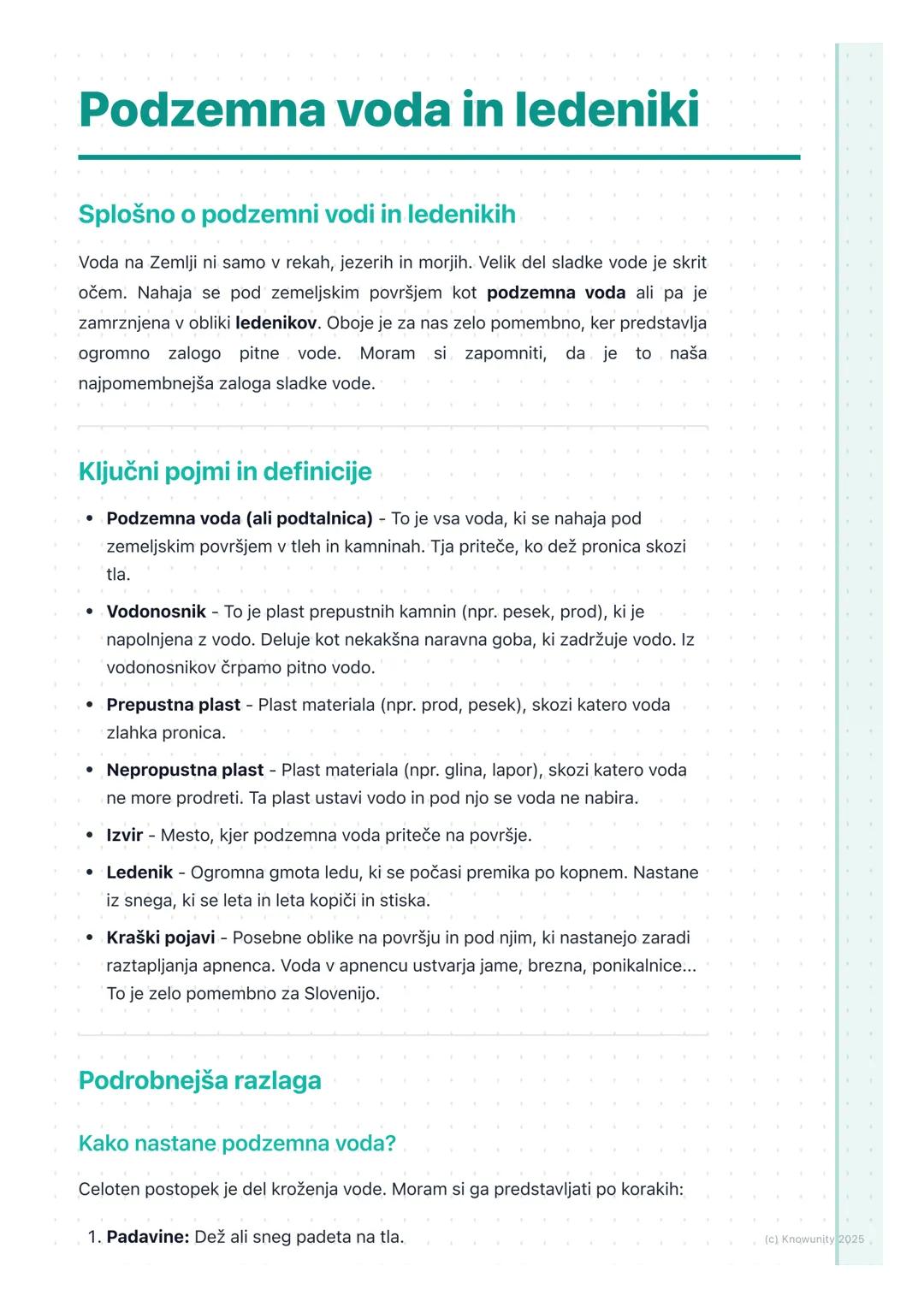 # Podzemna voda in ledeniki

Splošno o podzemni vodi in ledenikih

Voda na Zemlji ni samo v rekah, jezerih in morjih. Velik del sladke vode 