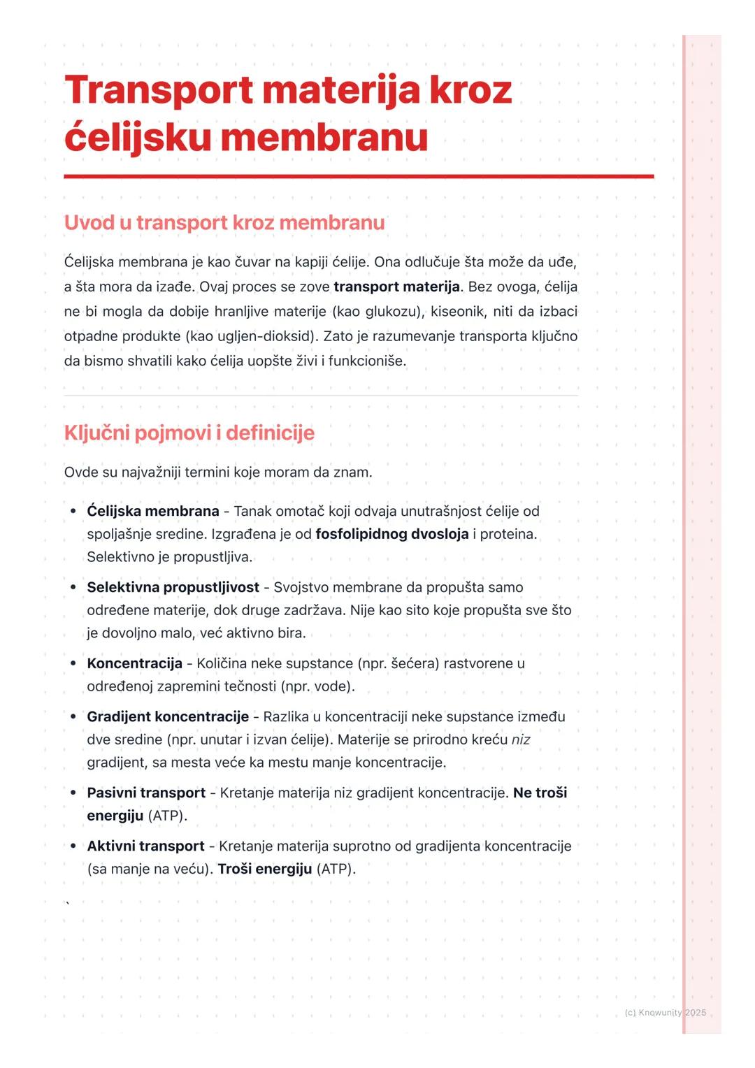 # Transport materija kroz
ćelijsku membranu

Uvod u transport kroz membranu

Ćelijska membrana je kao čuvar na kapiji ćelije. Ona odlučuje š