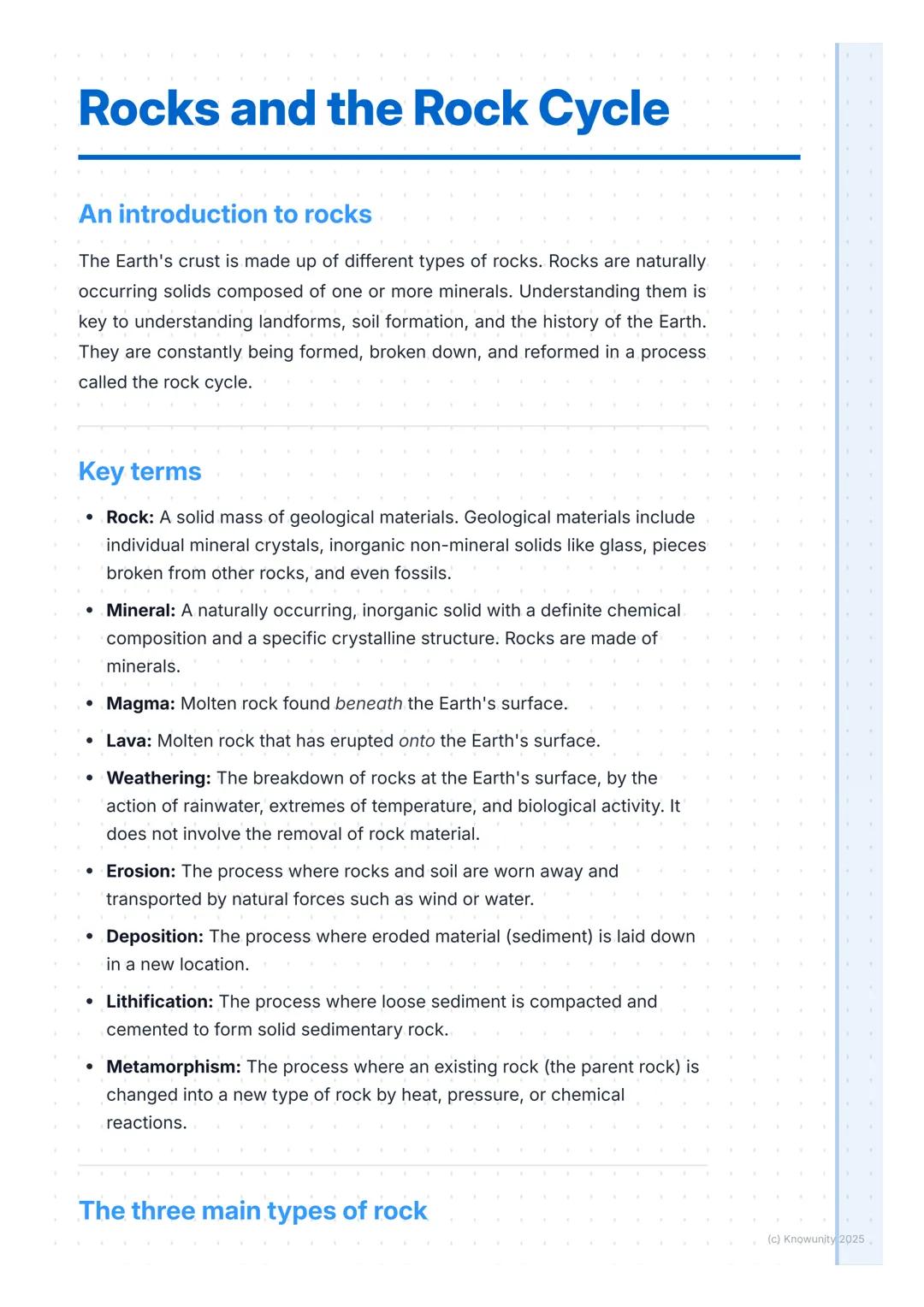 # Rocks and the Rock Cycle

An introduction to rocks

The Earth's crust is made up of different types of rocks. Rocks are naturally
occurrin