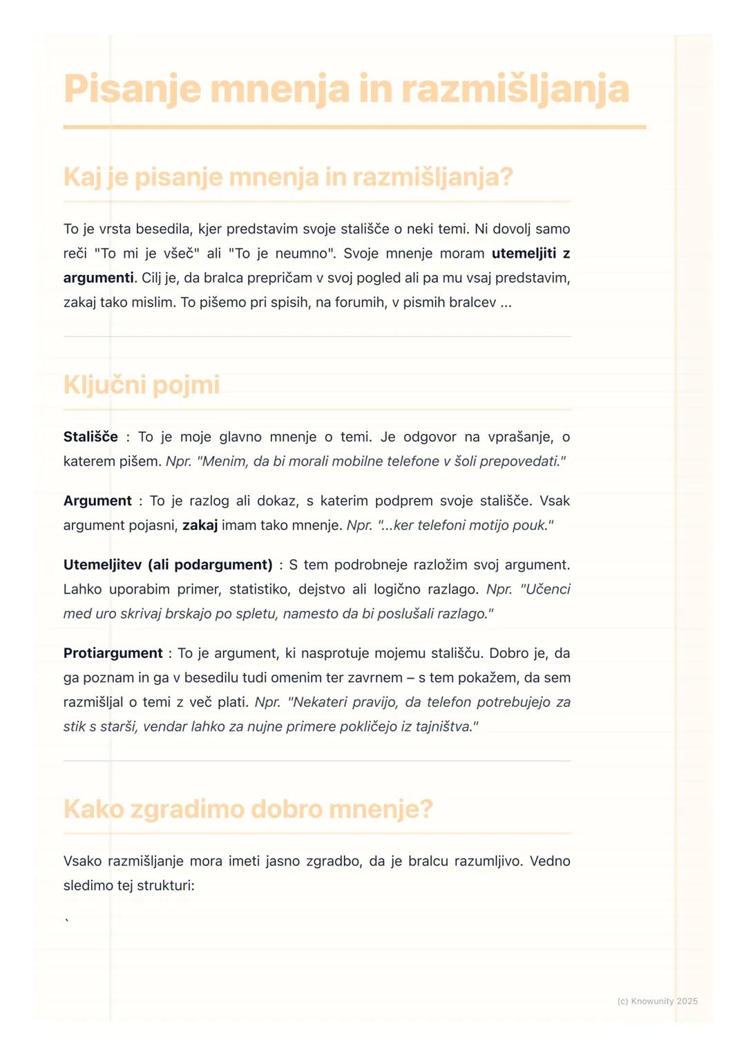 # Pisanje mnenja in razmišljanja

Kaj je pisanje mnenja in razmišljanja?

To je vrsta besedila, kjer predstavim svoje stališče o neki temi. 