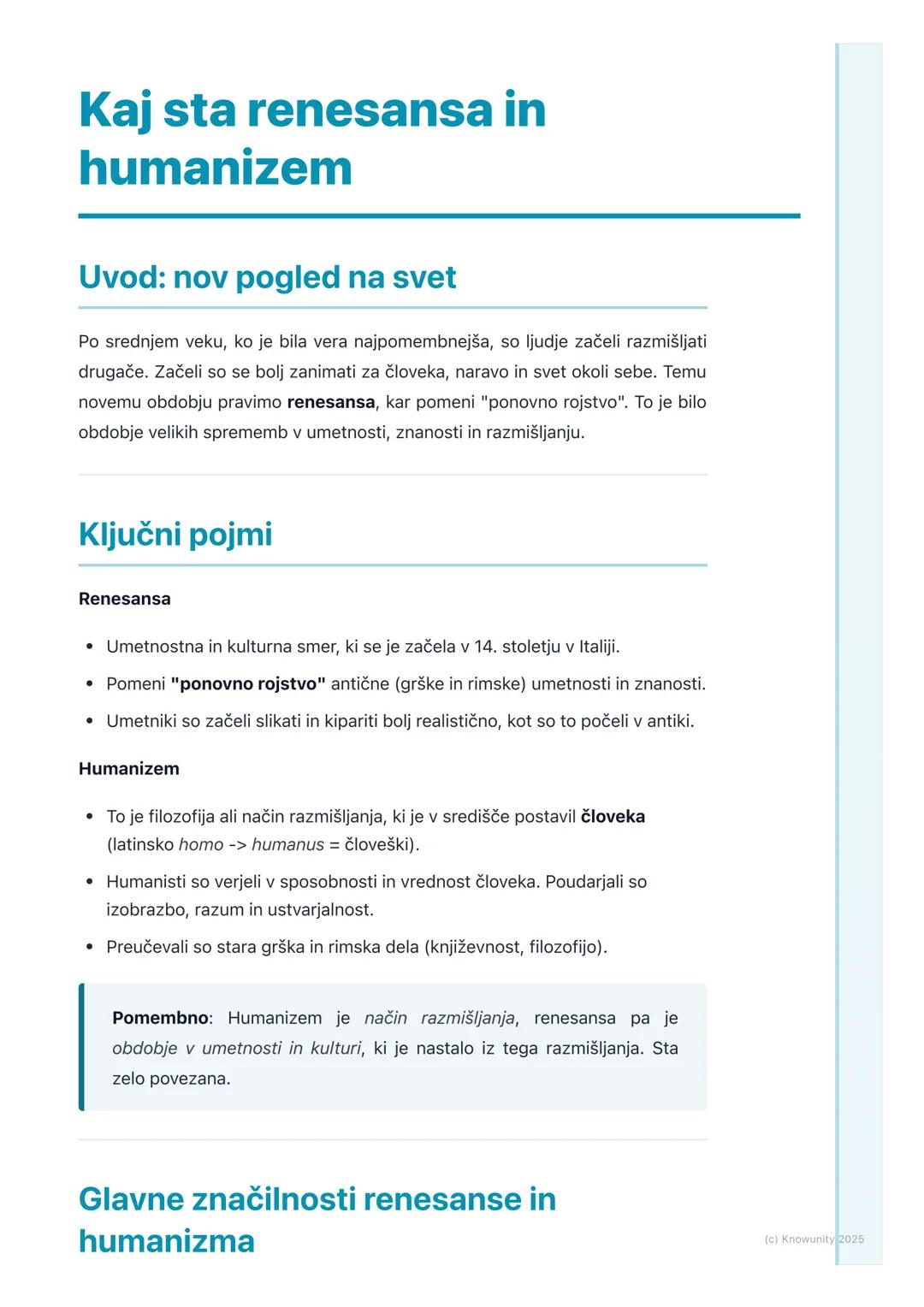 # Kaj sta renesansa in
humanizem

Uvod: nov pogled na svet

Po srednjem veku, ko je bila vera najpomembnejša, so ljudje začeli razmišljati
d