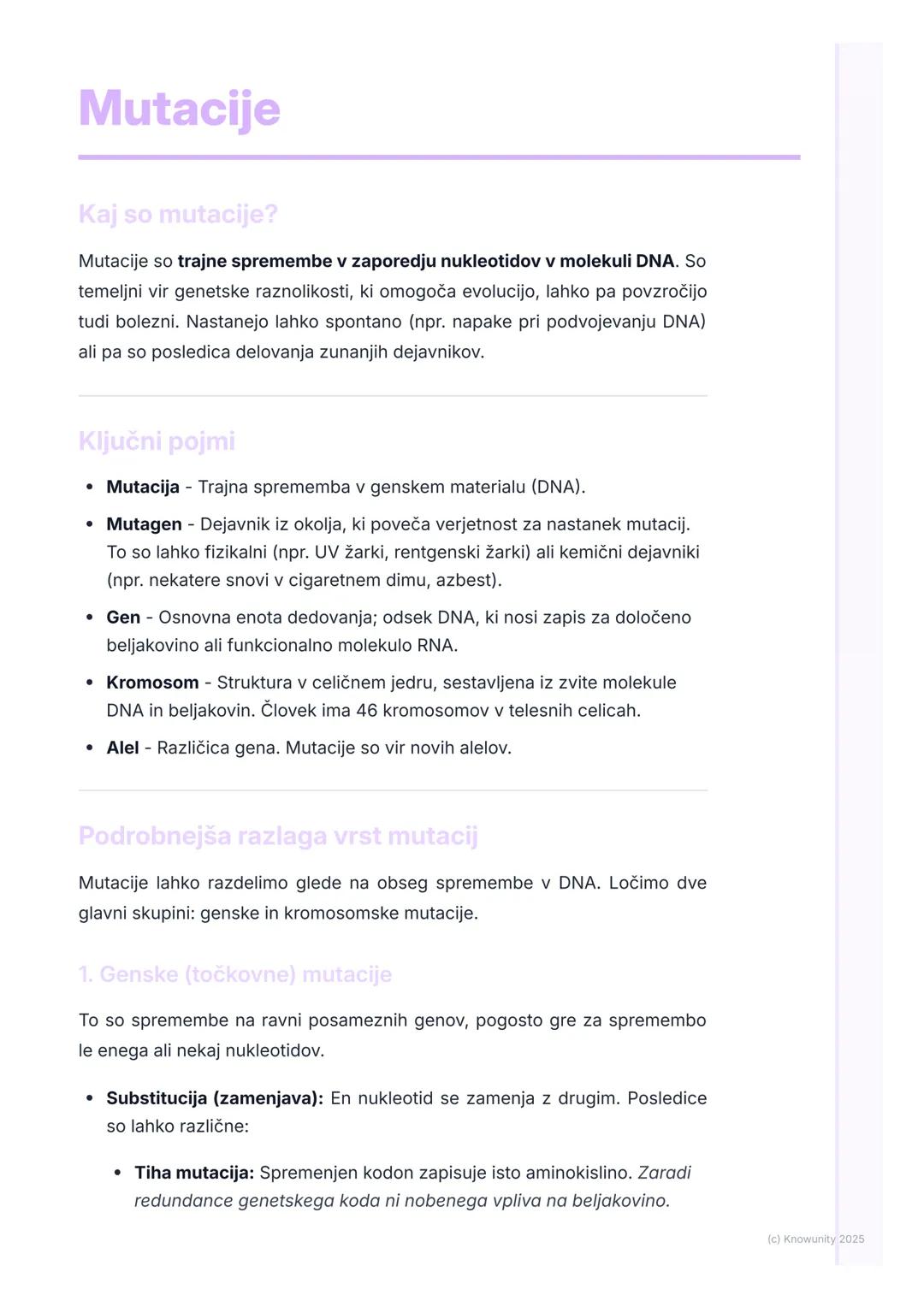 # Mutacije

Kaj so mutacije?

Mutacije so trajne spremembe v zaporedju nukleotidov v molekuli DNA. So
temeljni vir genetske raznolikosti, ki