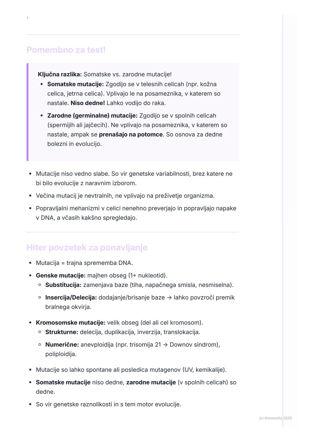 # Mutacije

Kaj so mutacije?

Mutacije so trajne spremembe v zaporedju nukleotidov v molekuli DNA. So
temeljni vir genetske raznolikosti, ki