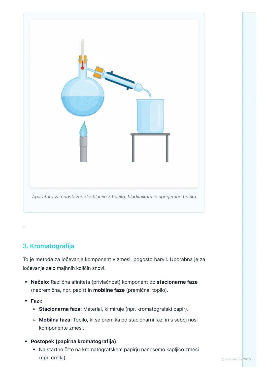 # Ločevanje zmesi

## Uvod v ločevanje zmesi

Zmesi so snovi, ki so sestavljene iz dveh ali več čistih snovi (komponent), ki
niso kemijsko v