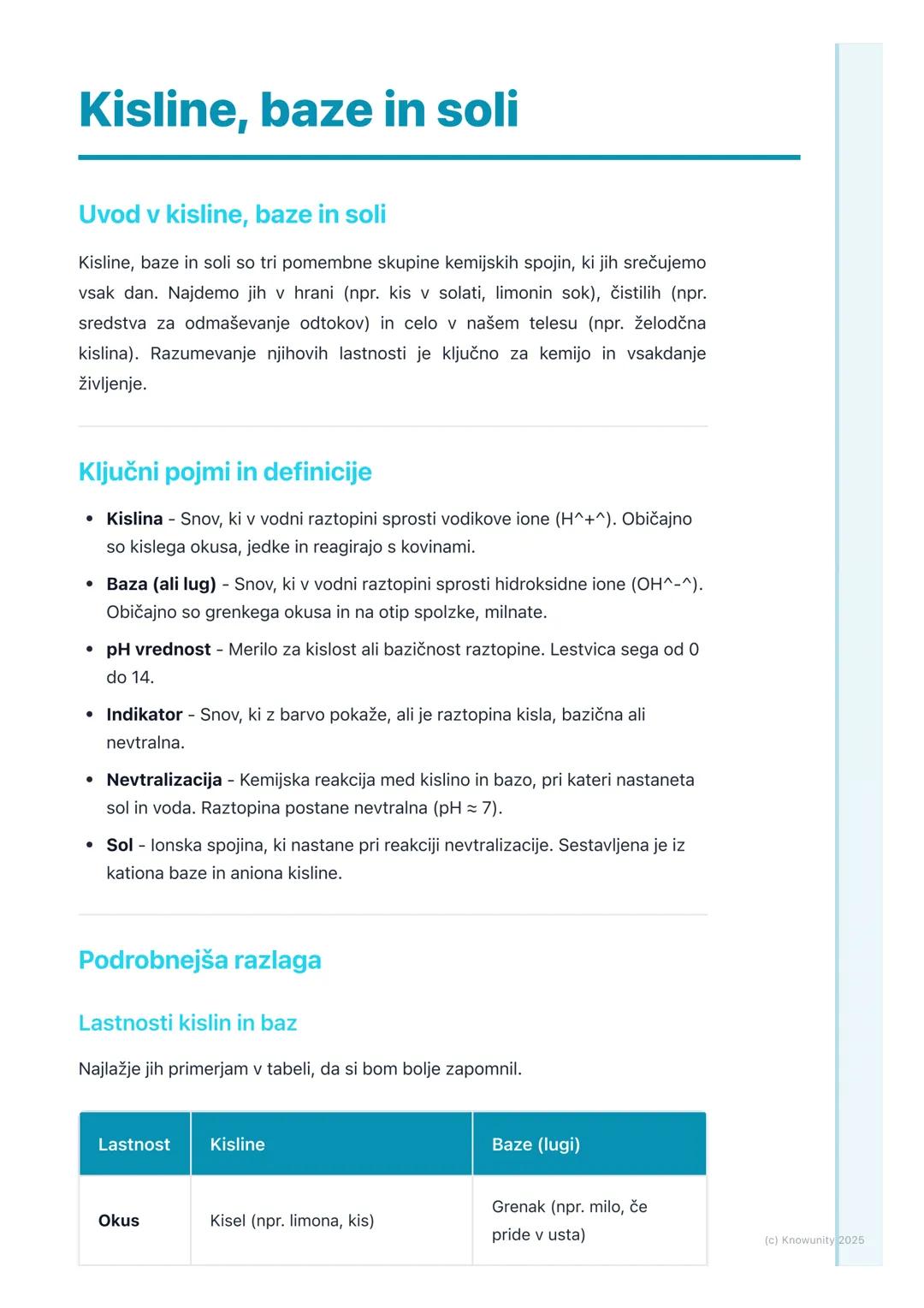# Kisline, baze in soli

Uvod v kisline, baze in soli

Kisline, baze in soli so tri pomembne skupine kemijskih spojin, ki jih srečujemo
vsak