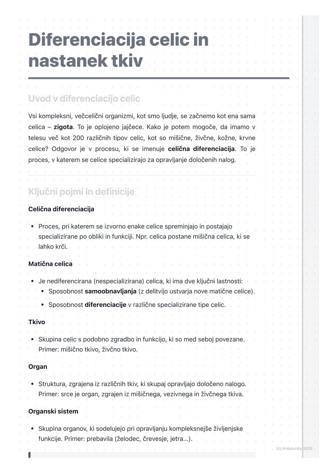 # Diferenciacija celic in
nastanek tkiv

Uvod v diferenciacijo celic

Vsi kompleksni, večcelični organizmi, kot smo ljudje, se začnemo kot e