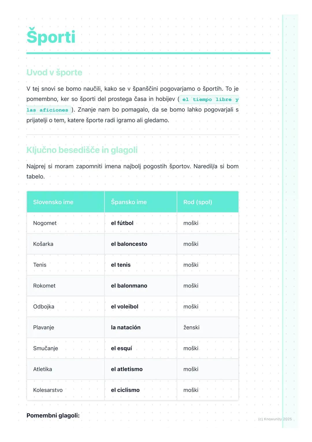 # Športi

Uvod v športe

V tej snovi se bomo naučili, kako se v španščini pogovarjamo o športih. To je
pomembno, ker so športi del prostega 