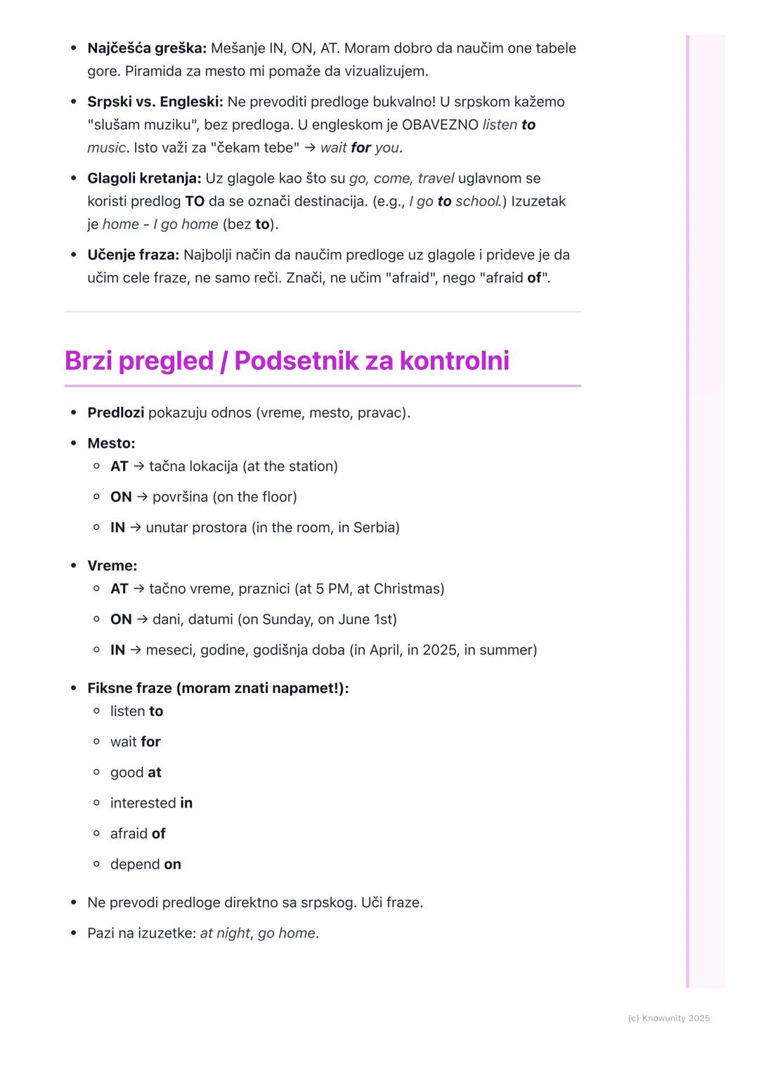 # Predlozi

Uvod u predloge

Predlozi su kratke reči (kao što su in, on, at, for, to) koje povezuju imenice,
zamenice ili fraze sa drugim re