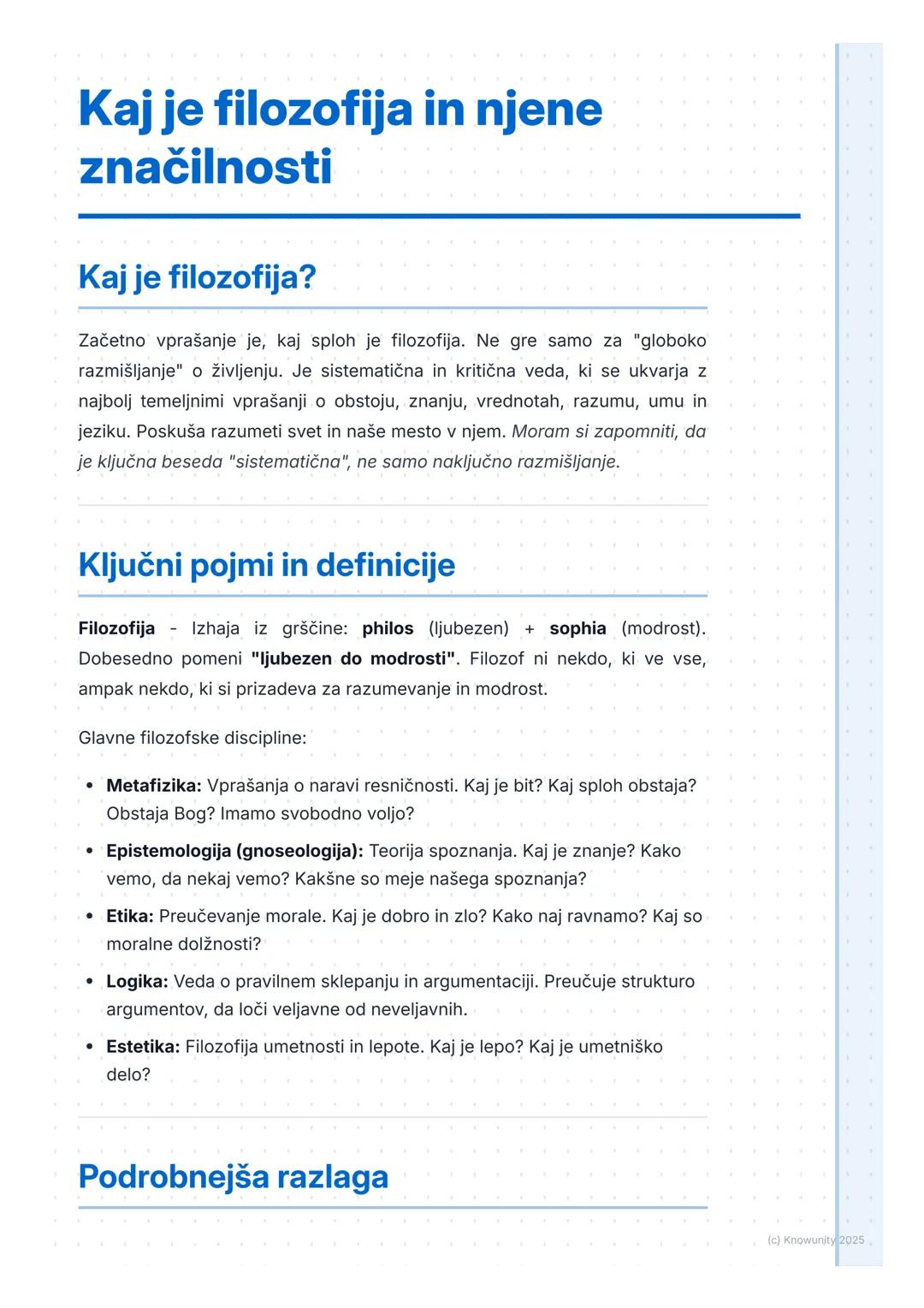 # Kaj je filozofija in njene
značilnosti

Kaj je filozofija?

Začetno vprašanje je, kaj sploh je filozofija. Ne gre samo za "globoko
razmišl