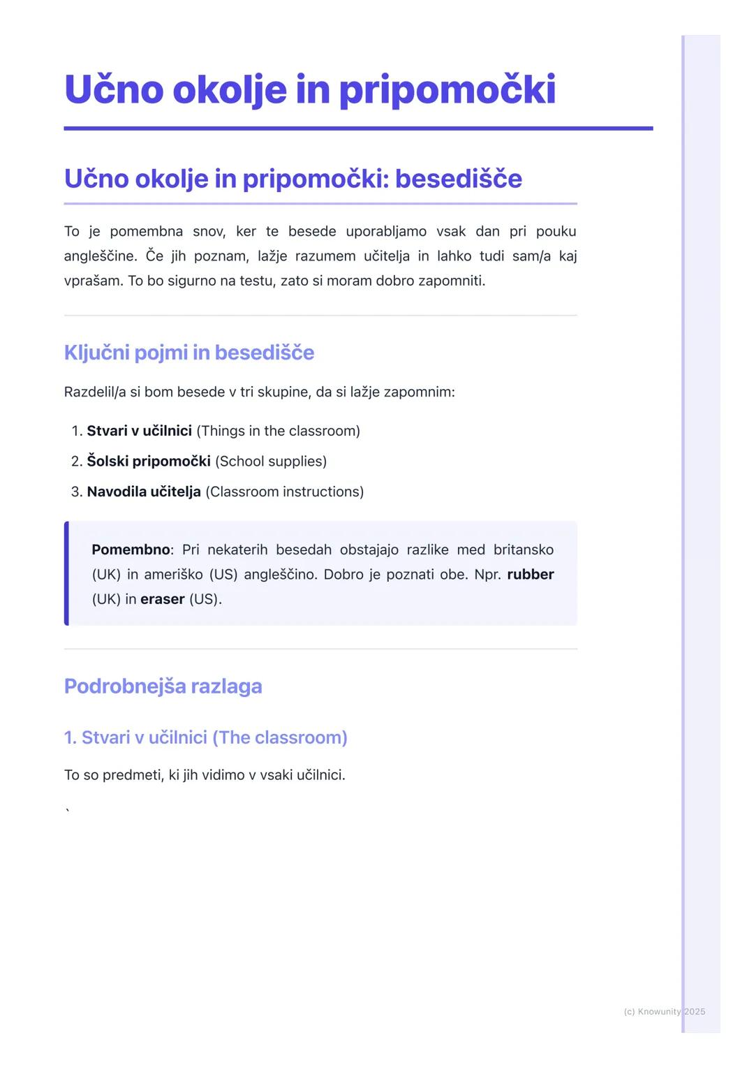 # Učno okolje in pripomočki

Učno okolje in pripomočki: besedišče

To je pomembna snov, ker te besede uporabljamo vsak dan pri pouku
anglešč