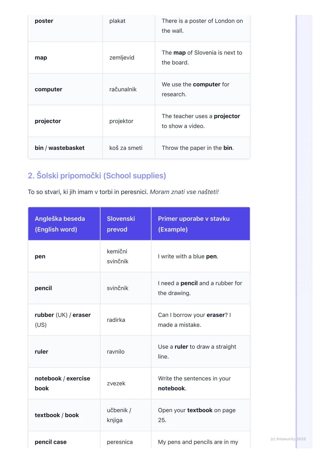 # Učno okolje in pripomočki

Učno okolje in pripomočki: besedišče

To je pomembna snov, ker te besede uporabljamo vsak dan pri pouku
anglešč