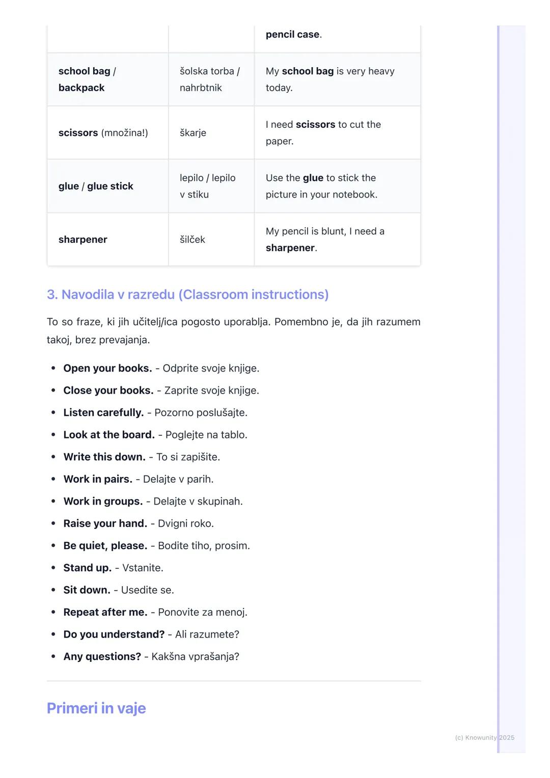 # Učno okolje in pripomočki

Učno okolje in pripomočki: besedišče

To je pomembna snov, ker te besede uporabljamo vsak dan pri pouku
anglešč