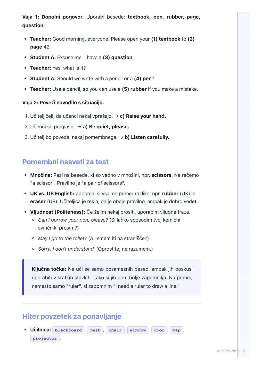 # Učno okolje in pripomočki

Učno okolje in pripomočki: besedišče

To je pomembna snov, ker te besede uporabljamo vsak dan pri pouku
anglešč