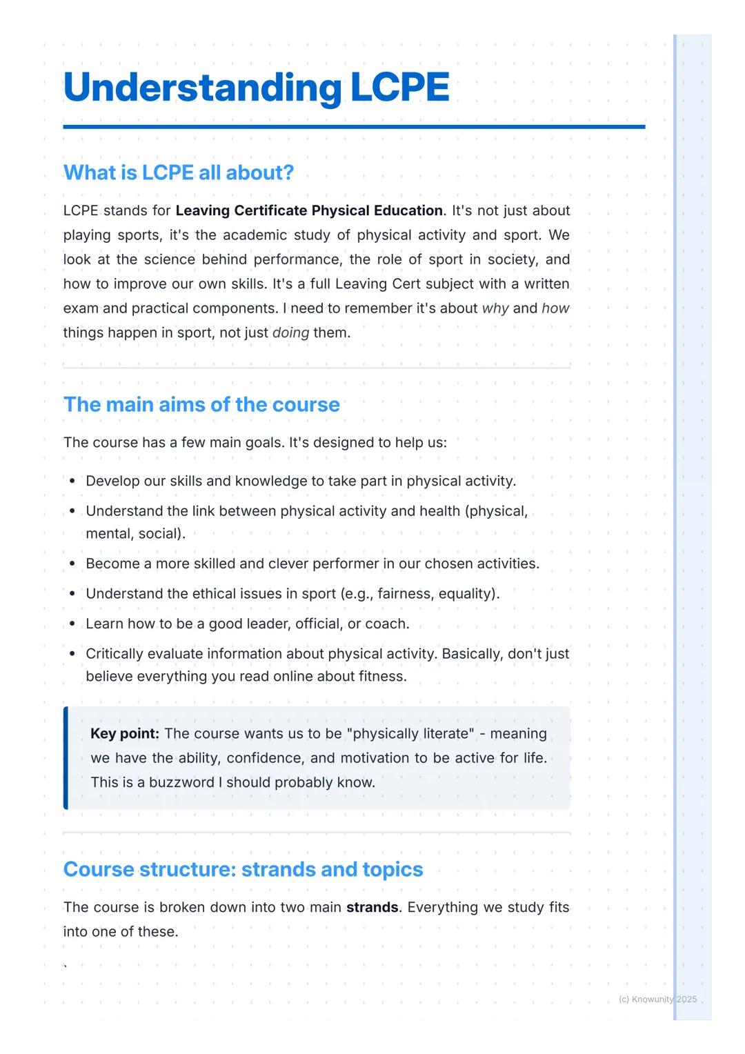 # Understanding LCPE

What is LCPE all about?

LCPE stands for Leaving Certificate Physical Education. It's not just about
playing sports, i