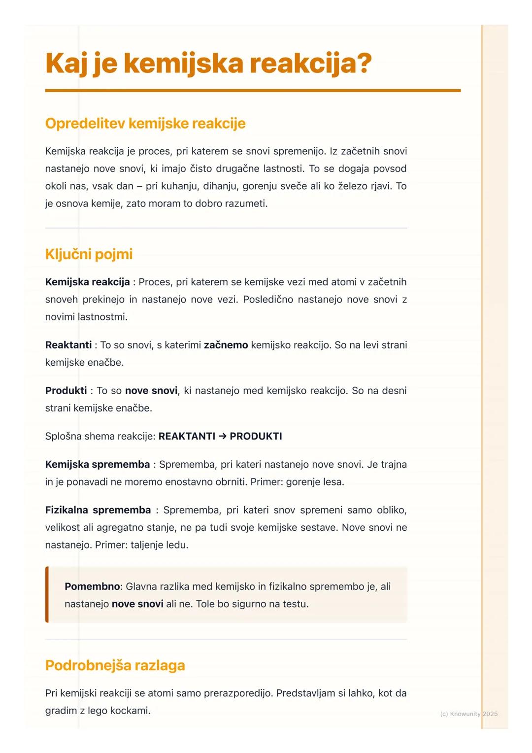 # Kaj je kemijska reakcija?

Opredelitev kemijske reakcije

Kemijska reakcija je proces, pri katerem se snovi spremenijo. Iz začetnih snovi
