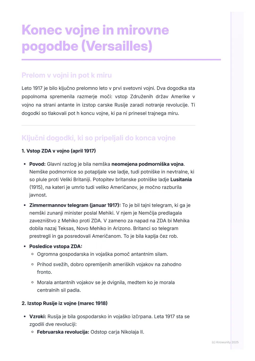 # Konec vojne in mirovne
pogodbe (Versailles)

Prelom v vojni in pot k miru

Leto 1917 je bilo ključno prelomno leto v prvi svetovni vojni. 