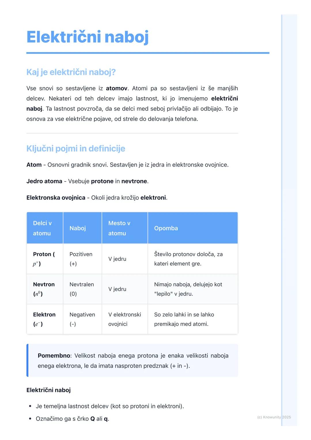 # Električni naboj

Kaj je električni naboj?

Vse snovi so sestavljene iz atomov. Atomi pa so sestavljeni iz še manjših
delcev. Nekateri od 