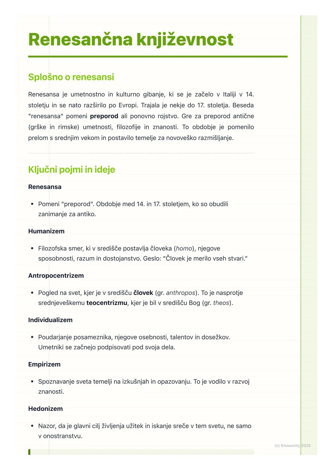 # Renesančna književnost

Splošno o renesansi

Renesansa je umetnostno in kulturno gibanje, ki se je začelo v Italiji v 14.
stoletju in se n