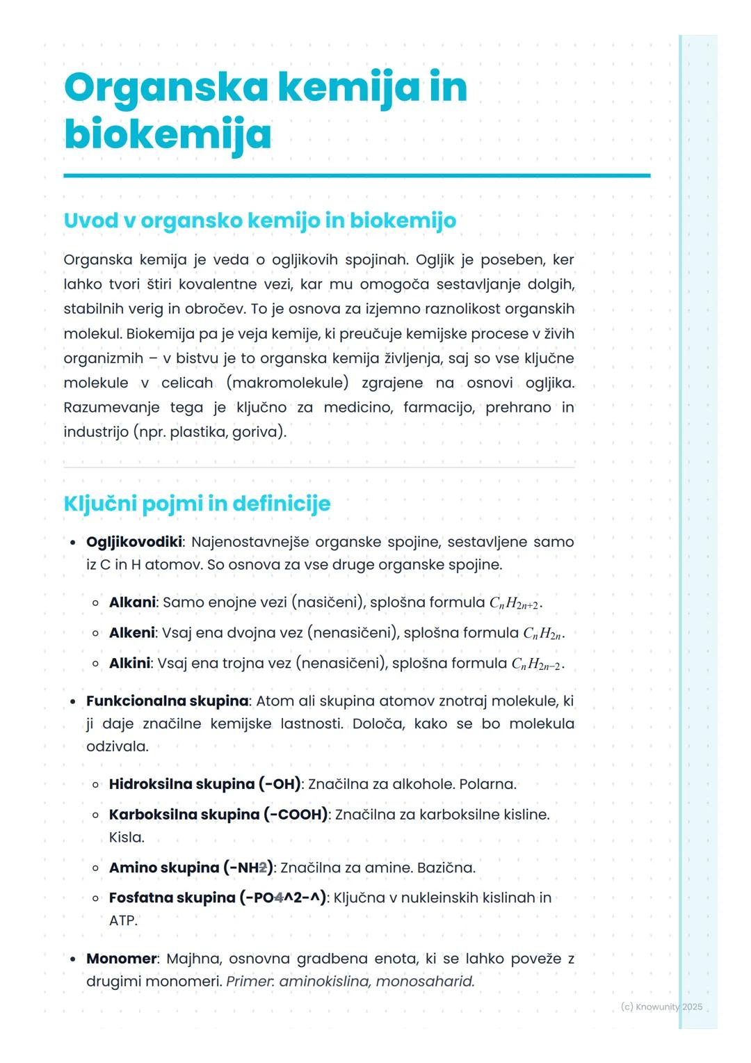 # Organska kemija in
biokemija

## Uvod v organsko kemijo in biokemijo

Organska kemija je veda o ogljikovih spojinah. Ogljik je poseben, ke