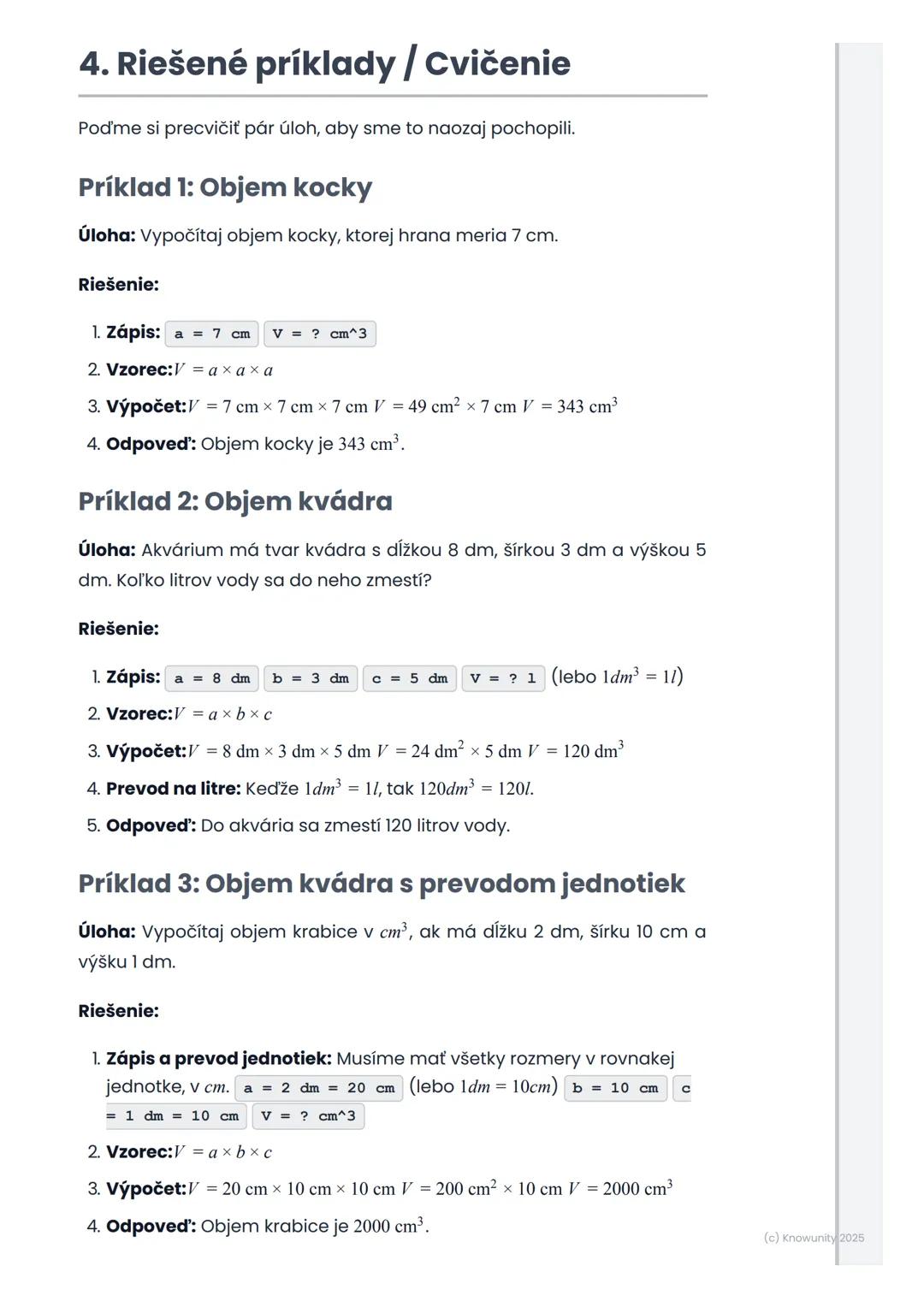 # Objem kocky a kvádra

1. Prehľad objemu kocky a kvádra

Ahoj! Dnes si zopakujeme, ako vypočítať objem kocky a kvádra. Je to
dôležité, lebo