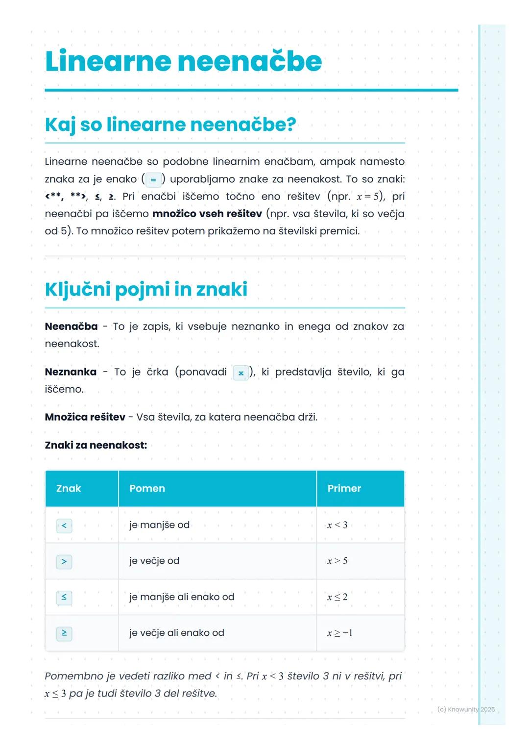 # Linearne neenačbe

## Kaj so linearne neenačbe?

Linearne neenačbe so podobne linearnim enačbam, ampak namesto
znaka za je enako (=) upora