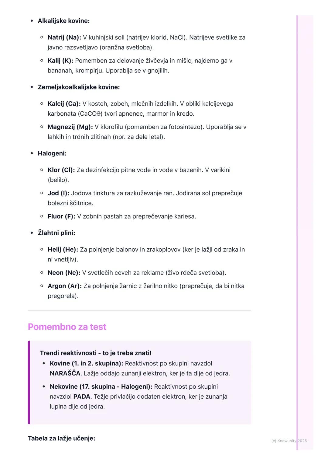 # Pomembne skupine
elementov

Splošen pregled pomembnih skupin

Elementi v isti skupini (stolpcu) periodnega sistema imajo podobne kemijske
