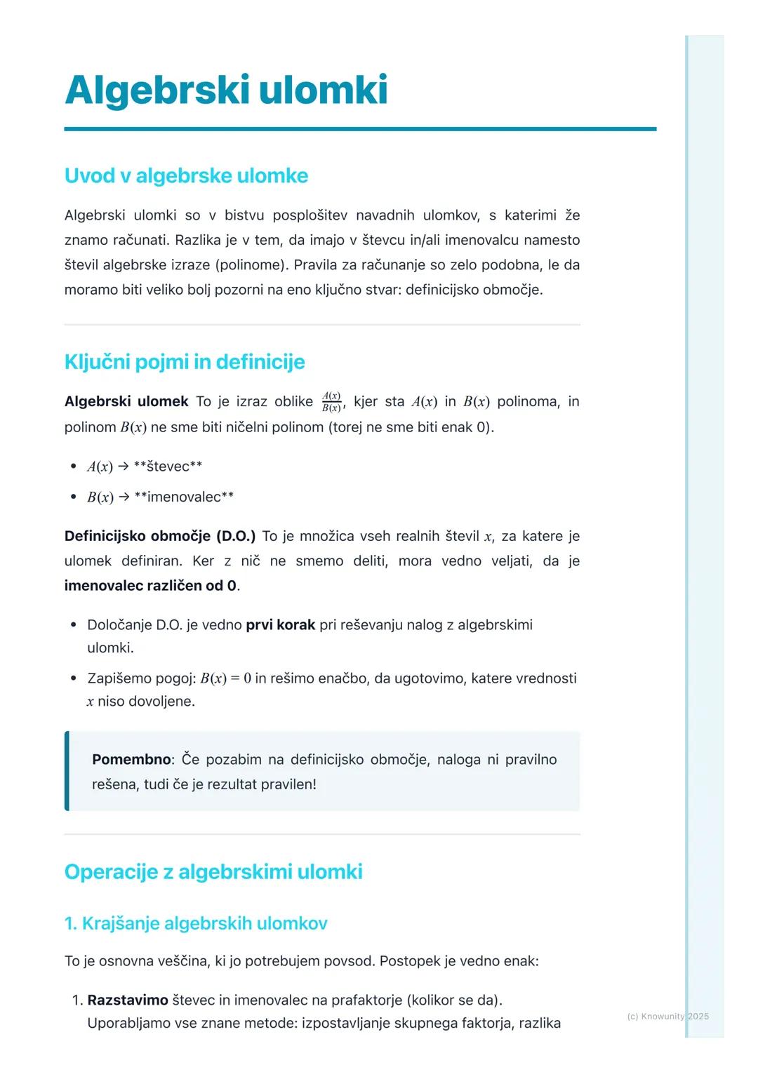 # Algebrski ulomki

Uvod v algebrske ulomke

Algebrski ulomki so v bistvu posplošitev navadnih ulomkov, s katerimi že
znamo računati. Razlik