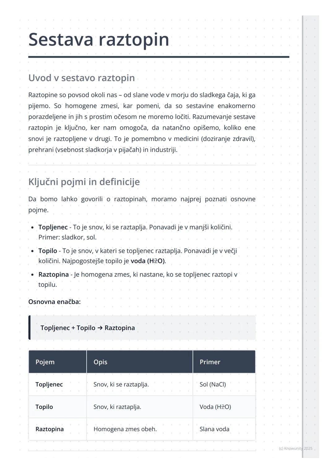 # Sestava raztopin

Uvod v sestavo raztopin

Raztopine so povsod okoli nas - od slane vode v morju do sladkega čaja, ki ga
pijemo. So homoge