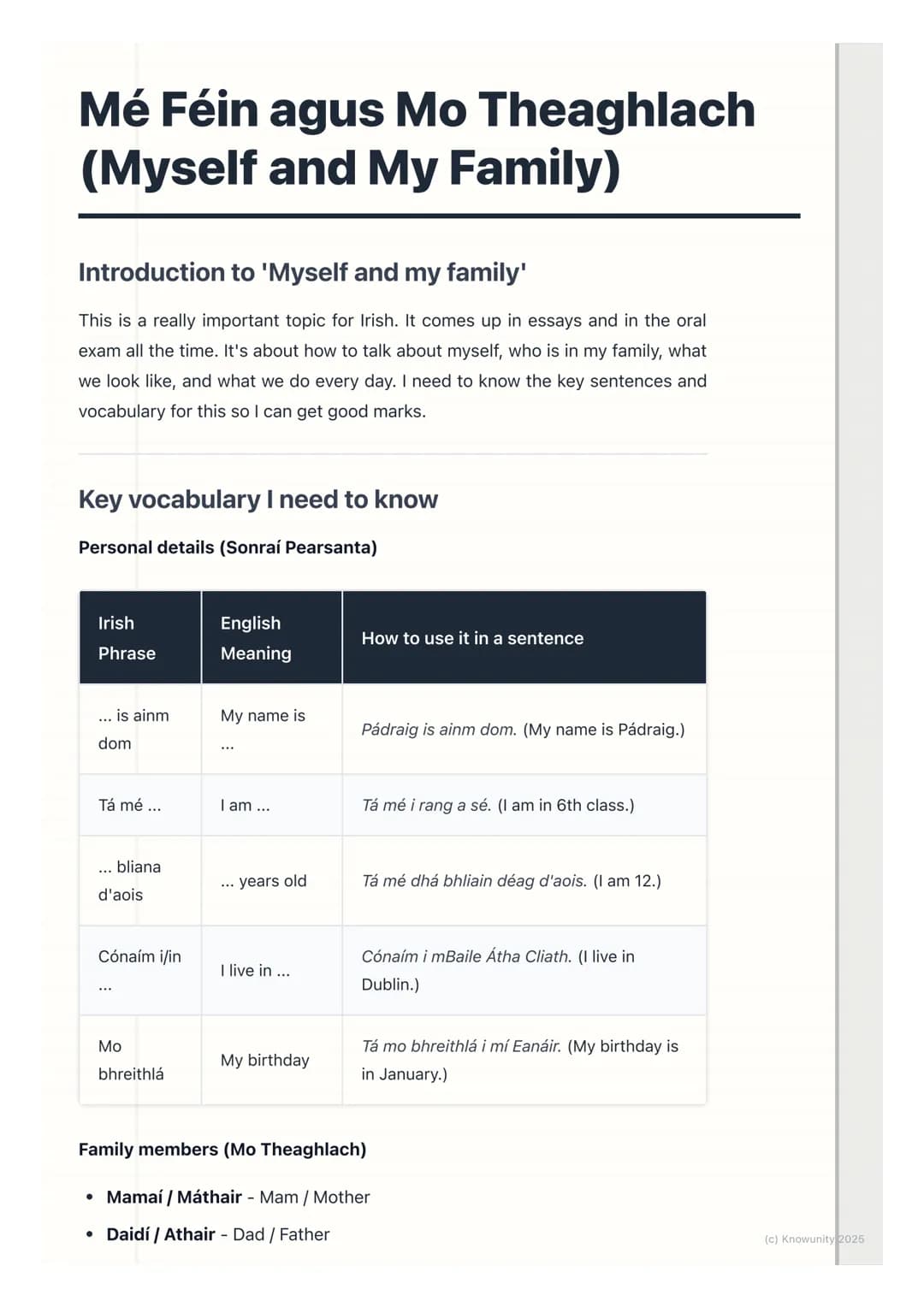 # Mé Féin agus Mo Theaghlach
(Myself and My Family)

Introduction to 'Myself and my family'

This is a really important topic for Irish. It 