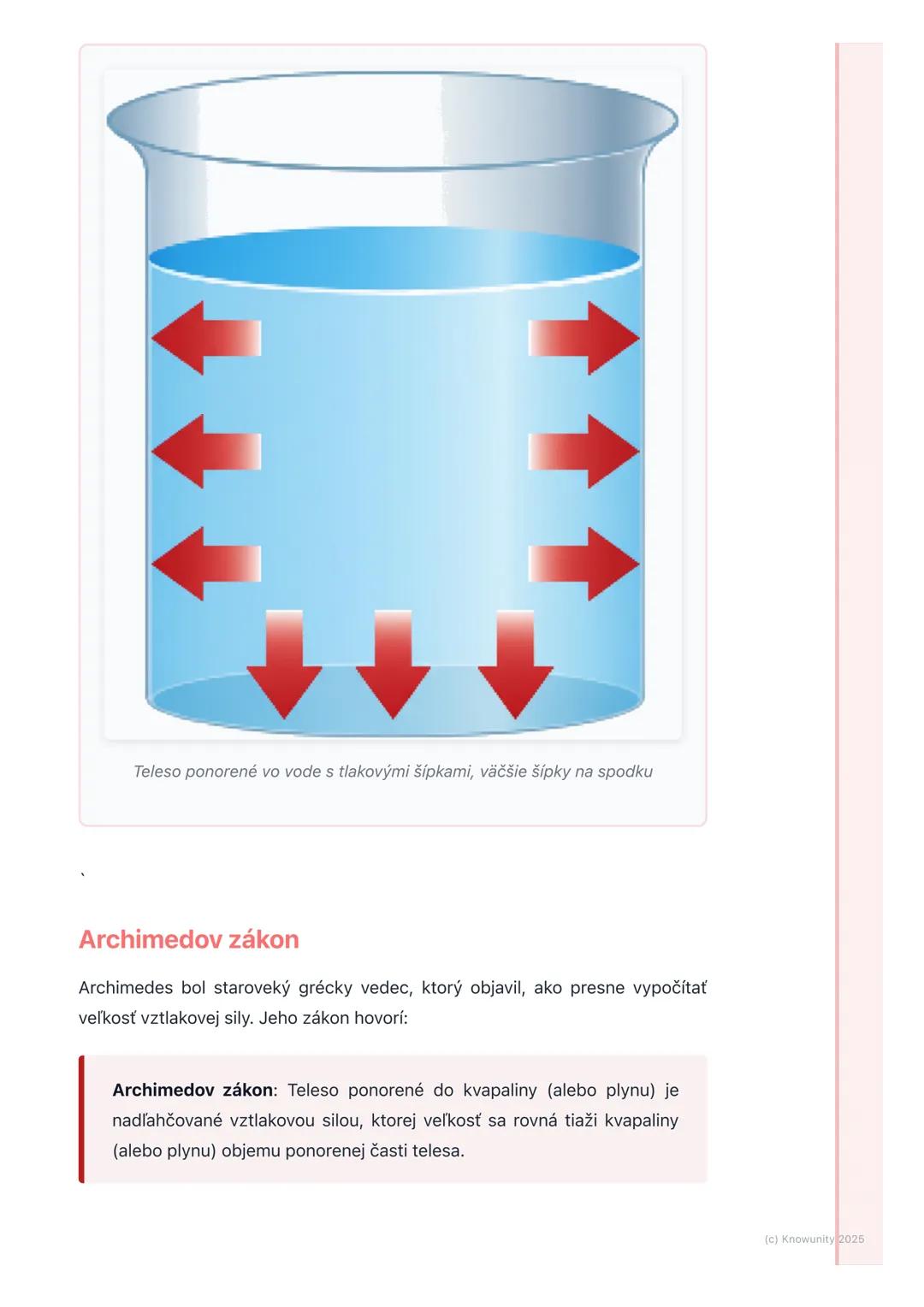 # Vztlaková sila a Archimedov
zákon

1. Prehľad a úvod

Dnes sa budeme učiť o vztlakovej sile a Archimedovom zákone. Je to dôležité,
lebo ná