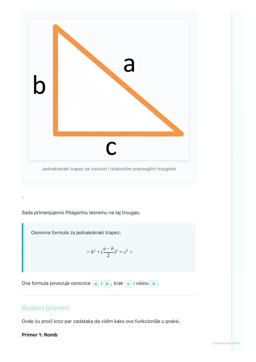# Primena Pitagorine teoreme u
rombu i trapezu

Primena Pitagorine teoreme: Romb i trapez

Pitagorina teorema ne služi samo za rešavanje pra