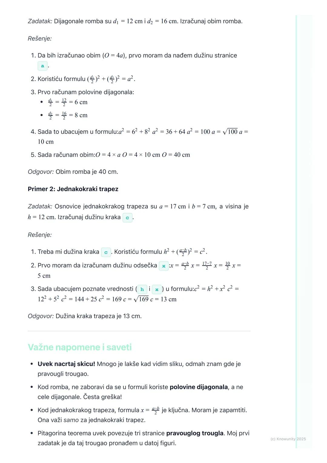 # Primena Pitagorine teoreme u
rombu i trapezu

Primena Pitagorine teoreme: Romb i trapez

Pitagorina teorema ne služi samo za rešavanje pra