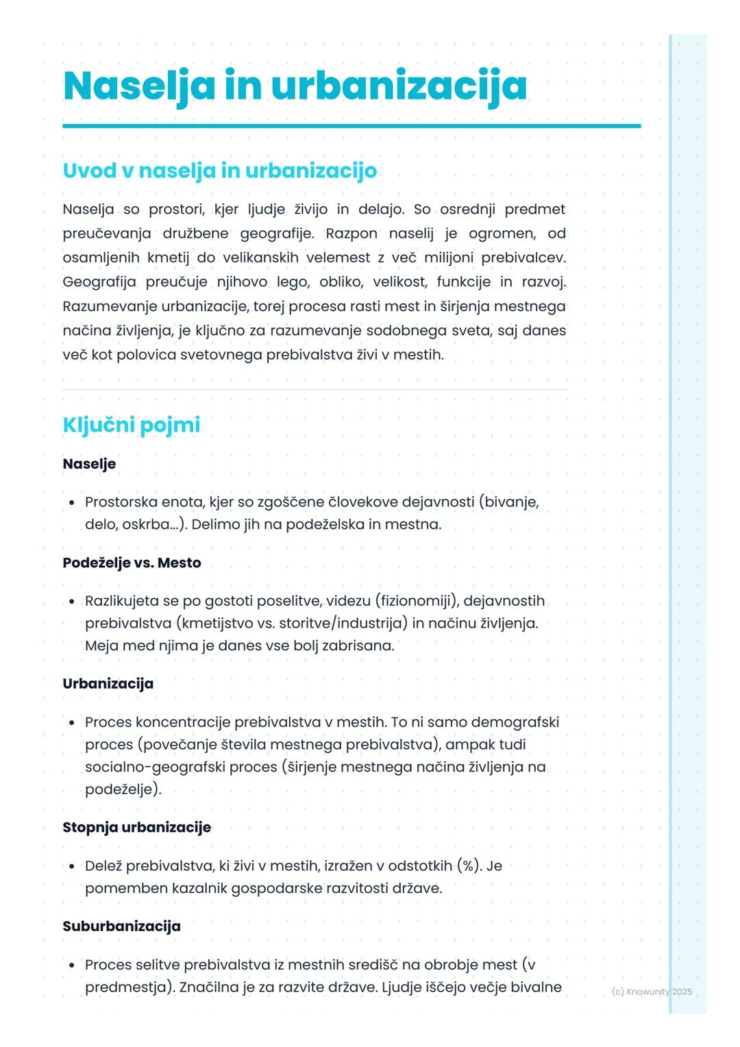 # Naselja in urbanizacija

## Uvod v naselja in urbanizacijo

Naselja so prostori, kjer ljudje živijo in delajo. So osrednji predmet
preučev