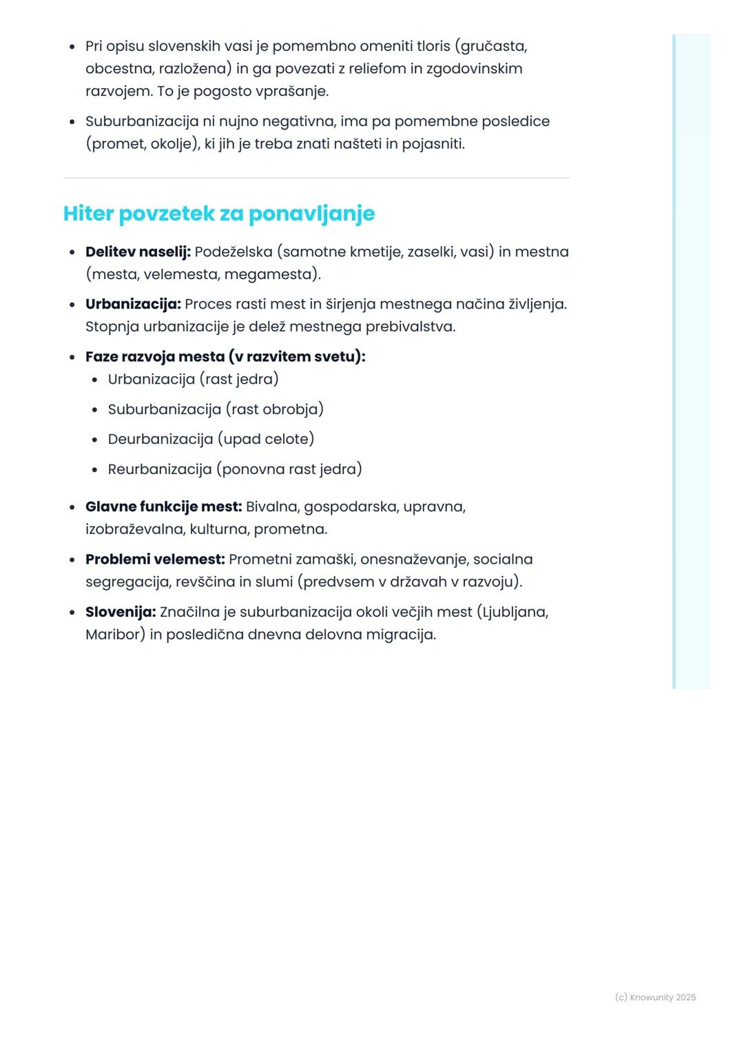 # Naselja in urbanizacija

## Uvod v naselja in urbanizacijo

Naselja so prostori, kjer ljudje živijo in delajo. So osrednji predmet
preučev