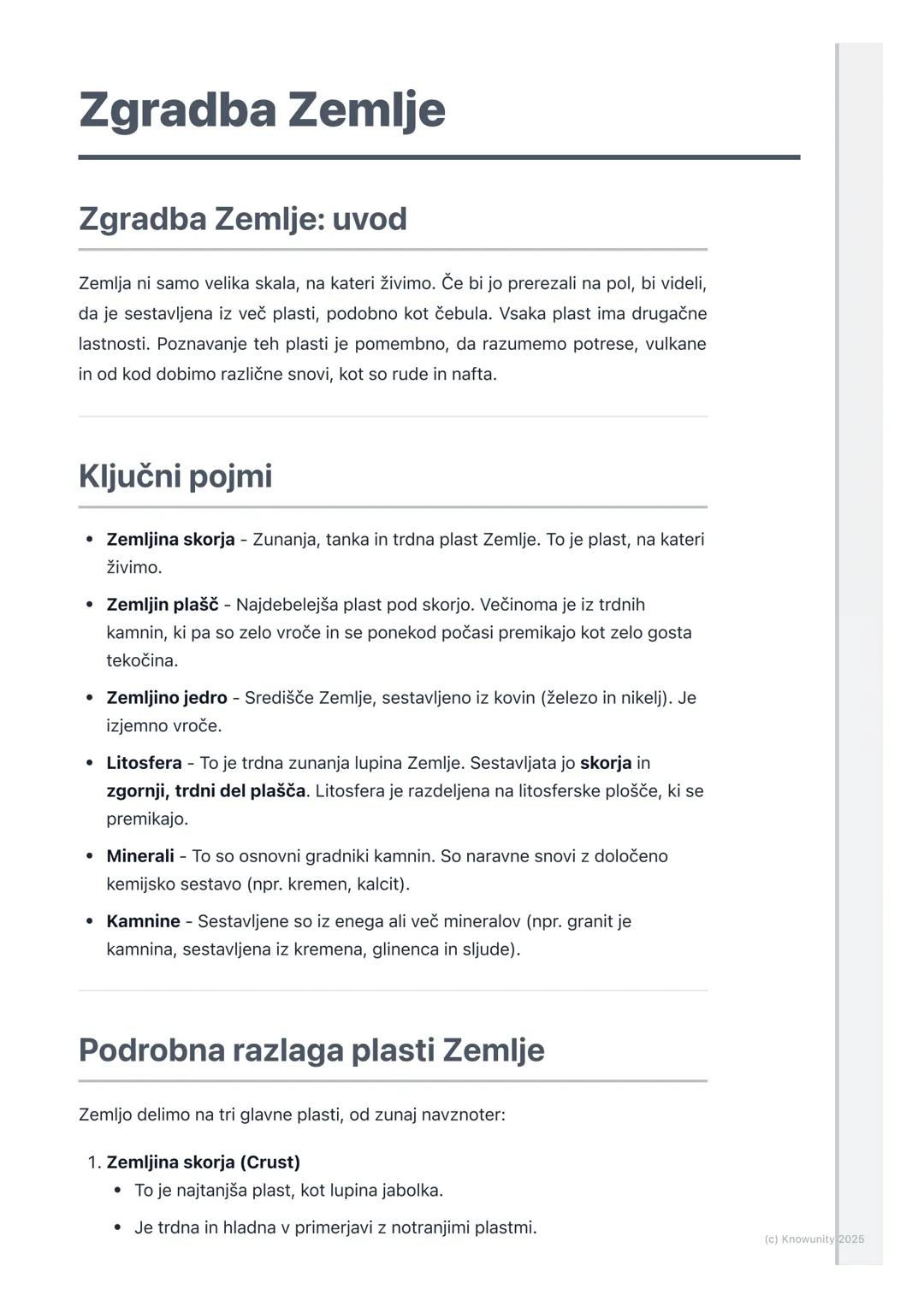 # Zgradba Zemlje

## Zgradba Zemlje: uvod

Zemlja ni samo velika skala, na kateri živimo. Če bi jo prerezali na pol, bi videli,
da je sestav