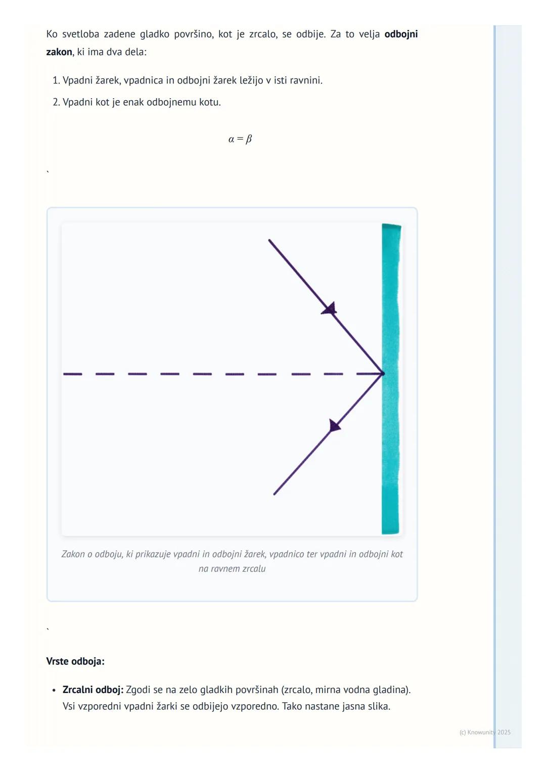 # Odboj in lom svetlobe

Uvod v odboj in lom svetlobe

Svetloba potuje po prostoru v obliki valovanja. V homogenem sredstvu, kot je zrak,
po