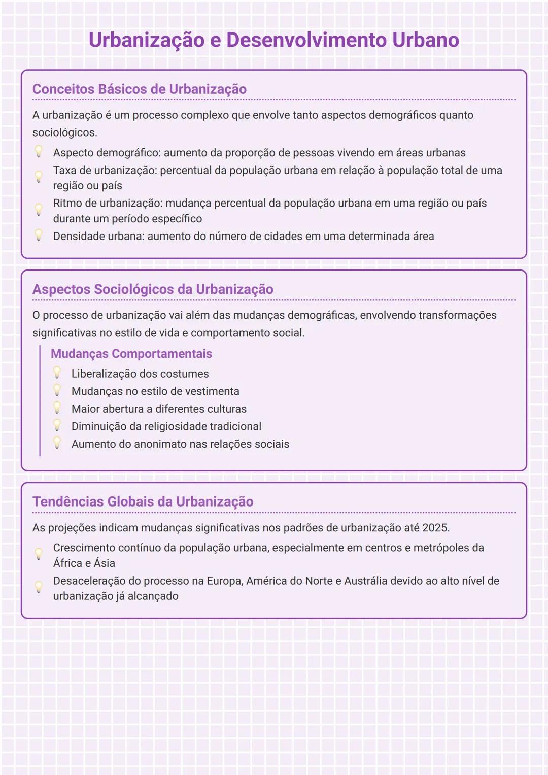 # Urbanização e Desenvolvimento Urbano

## Conceitos Básicos de Urbanização

A urbanização é um processo complexo que envolve tanto aspectos