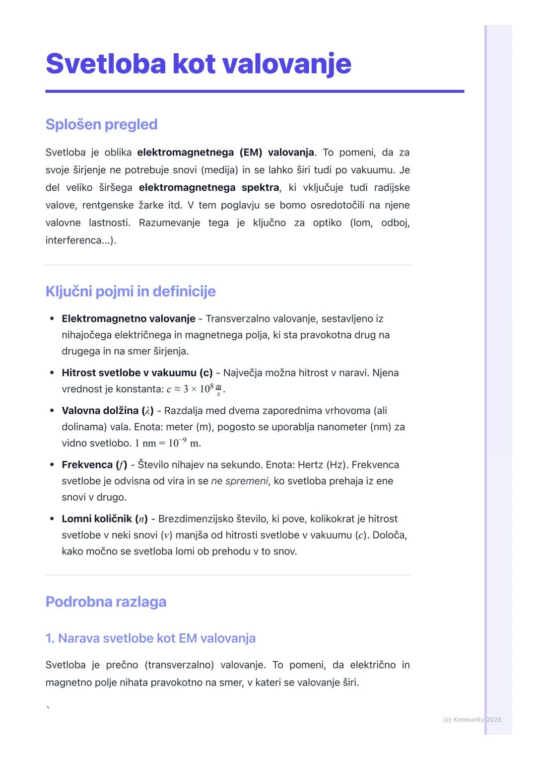 # Svetloba kot valovanje

Splošen pregled

Svetloba je oblika elektromagnetnega (EM) valovanja. To pomeni, da za
svoje širjenje ne potrebuje