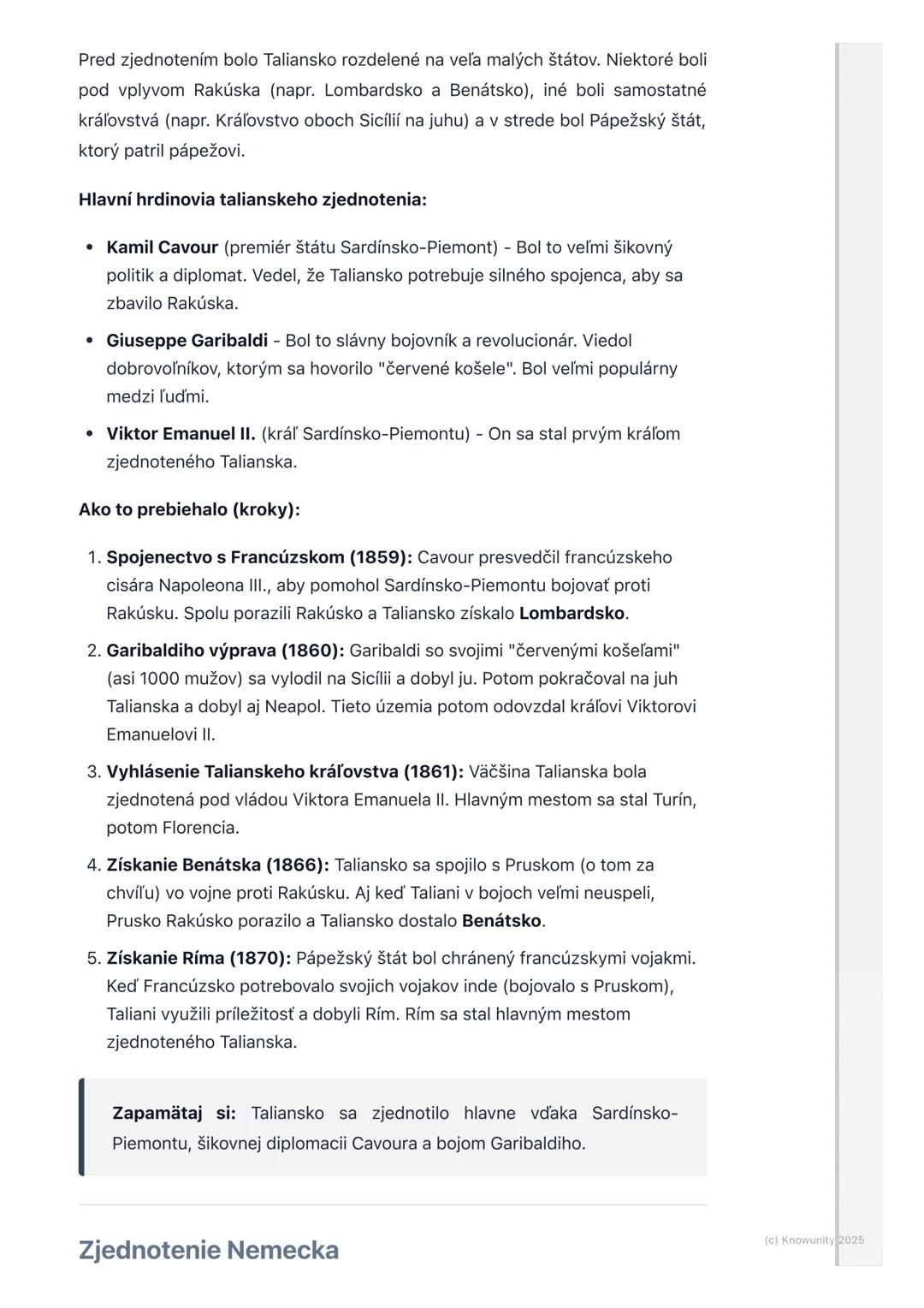 # Zjednotenie Talianska a
Nemecka

1. Prehľad - Zjednotenie Talianska a
Nemecka

Ahojte! Dnes si zopakujeme, ako sa v druhej polovici 19. st