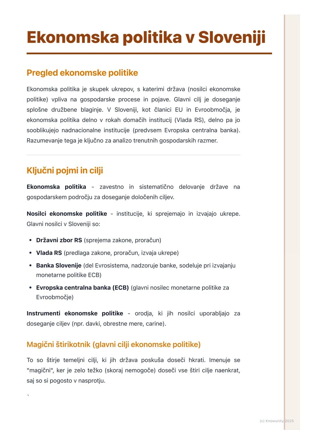 # Ekonomska politika v Sloveniji

Pregled ekonomske politike

Ekonomska politika je skupek ukrepov, s katerimi država (nosilci ekonomske
pol