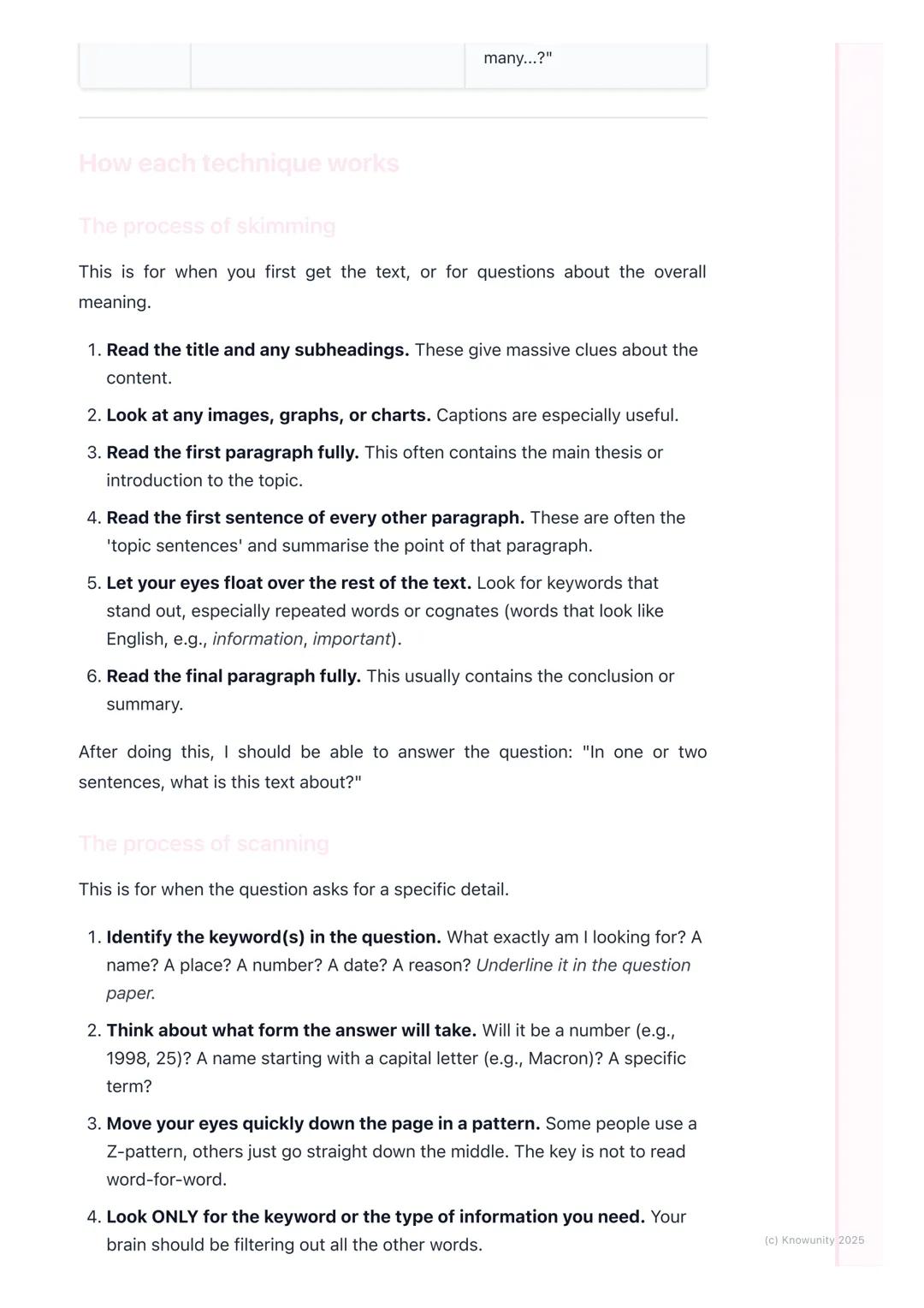 # Skimming and Scanning

Reading strategies: skimming and scanning

These are essential for the French reading comprehensions (Compréhension