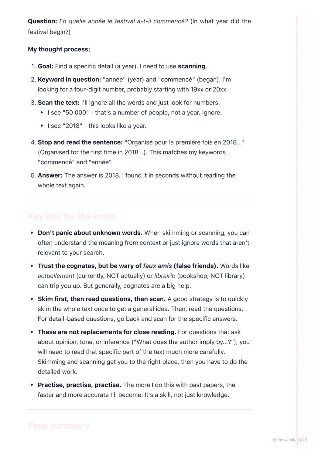 # Skimming and Scanning

Reading strategies: skimming and scanning

These are essential for the French reading comprehensions (Compréhension