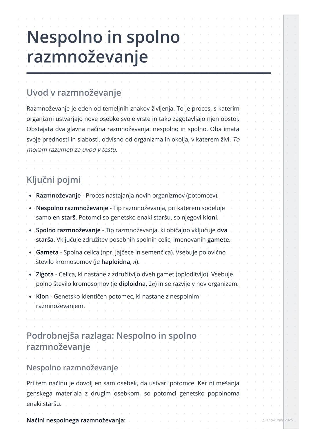 # Nespolno in spolno
razmnoževanje

Uvod v razmnoževanje

Razmnoževanje je eden od temeljnih znakov življenja. To je proces, s katerim
organ