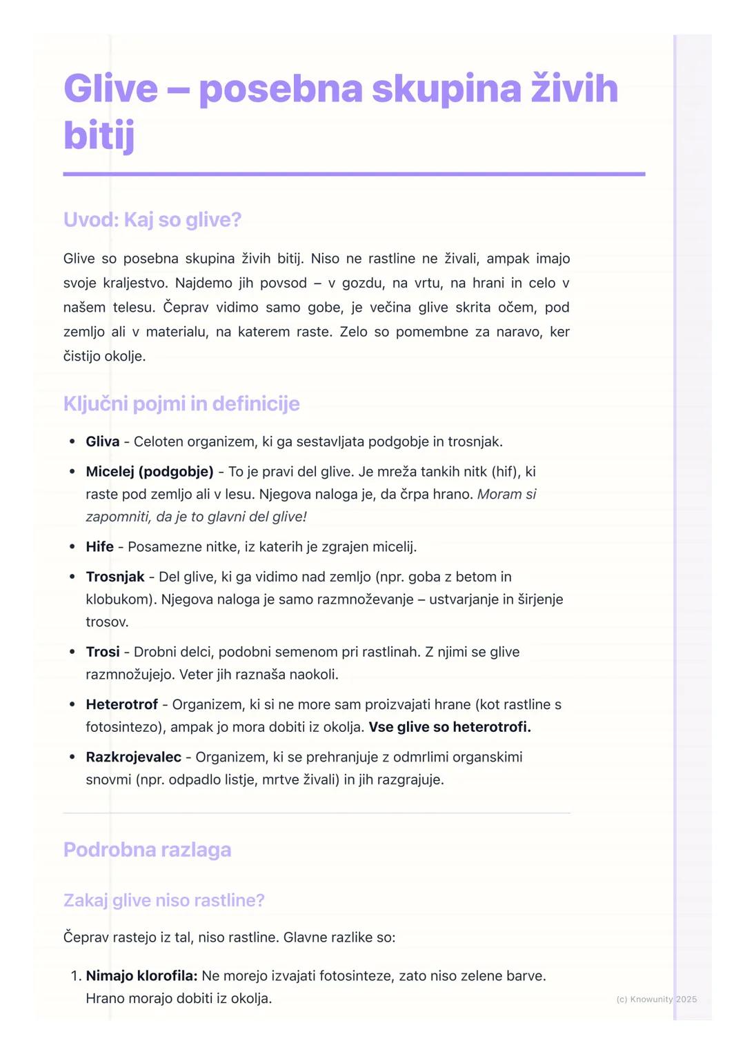 # Glive - posebna skupina živih
bitij

## Uvod: Kaj so glive?

Glive so posebna skupina živih bitij. Niso ne rastline ne živali, ampak imajo