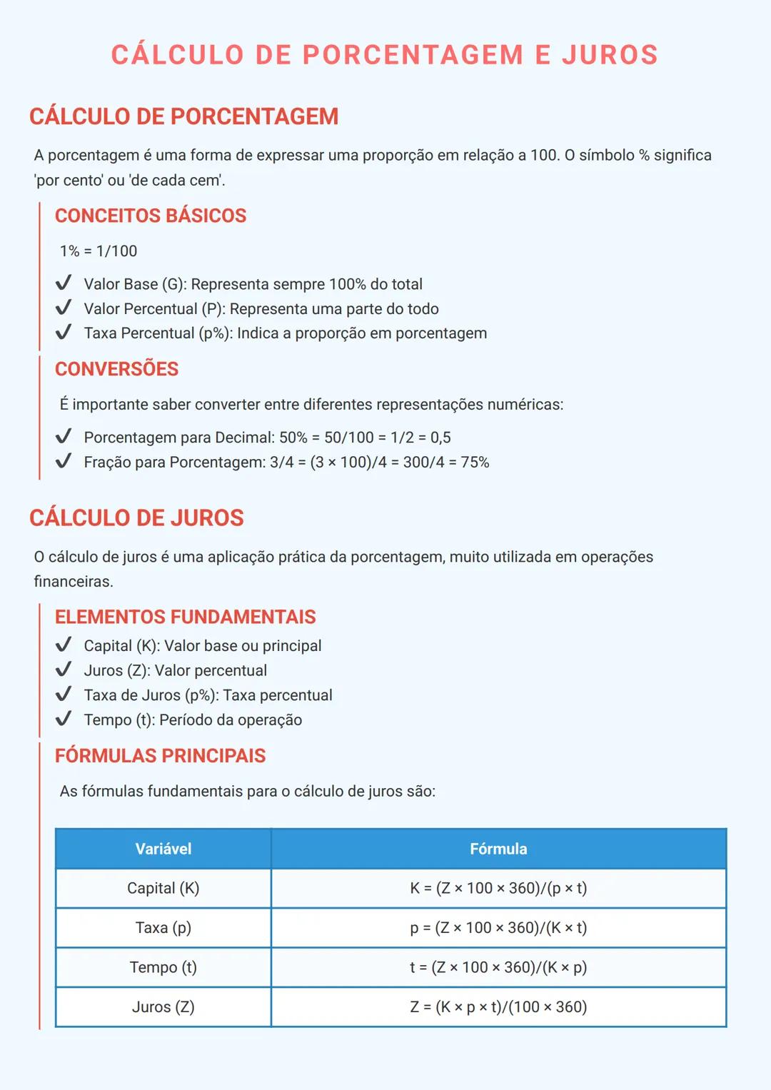 # CÁLCULO DE PORCENTAGEM E JUROS

## CÁLCULO DE PORCENTAGEM

A porcentagem é uma forma de expressar uma proporção em relação a 100. O símbol