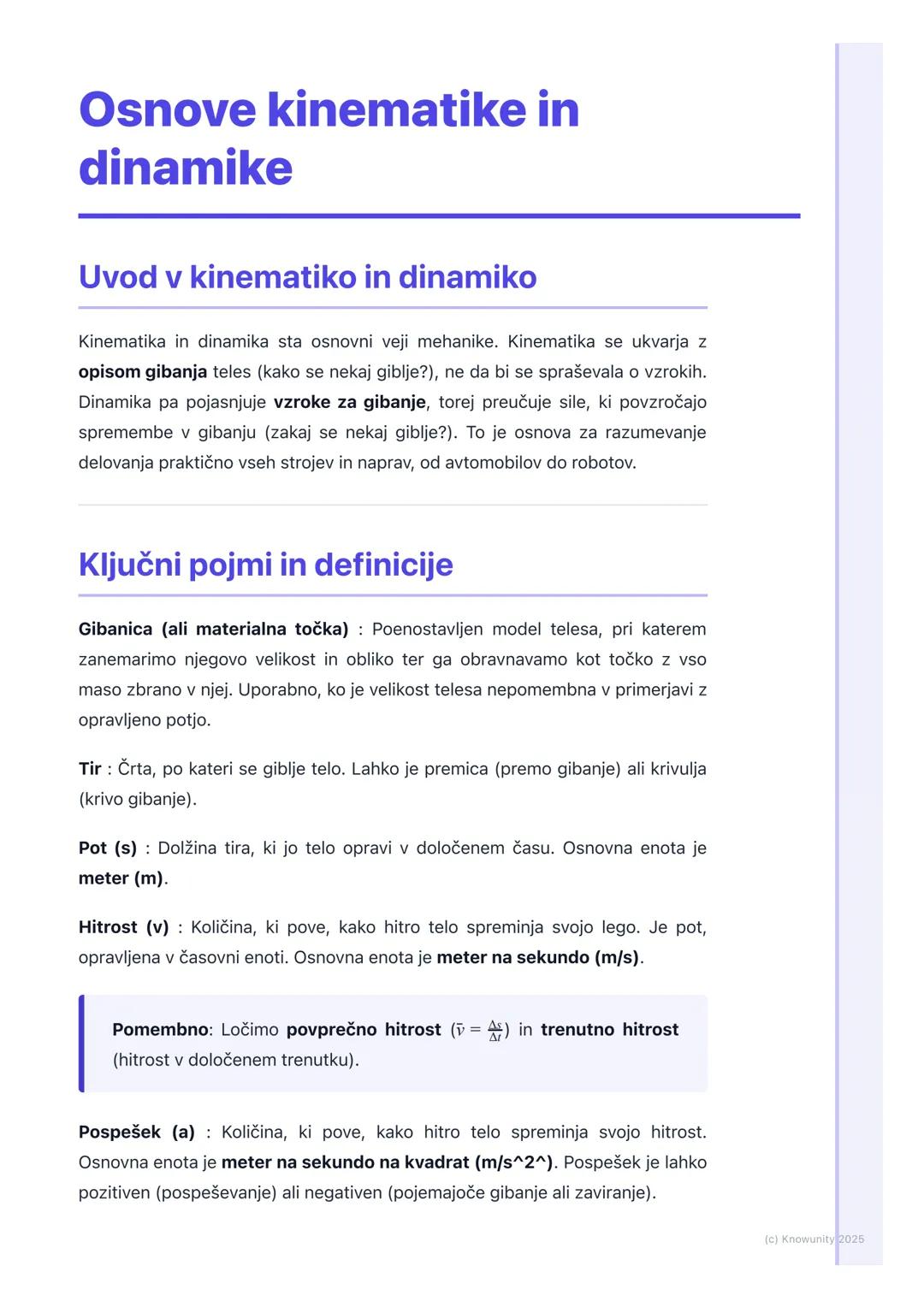 # Osnove kinematike in
dinamike

Uvod v kinematiko in dinamiko

Kinematika in dinamika sta osnovni veji mehanike. Kinematika se ukvarja z
op