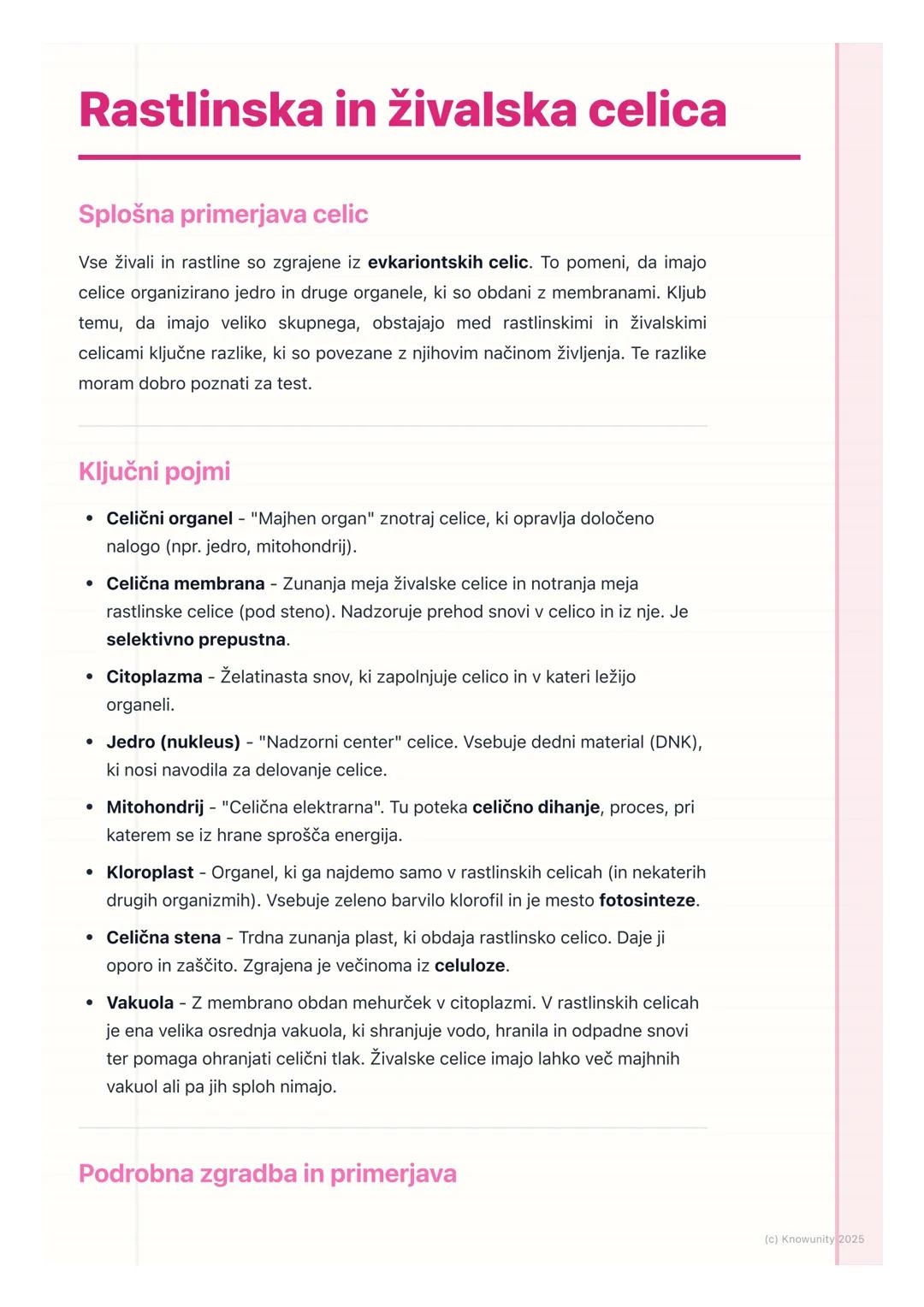 # Rastlinska in živalska celica

Splošna primerjava celic

Vse živali in rastline so zgrajene iz evkariontskih celic. To pomeni, da imajo
ce