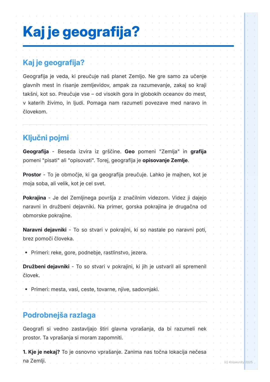 # Kaj je geografija?

Kaj je geografija?

Geografija je veda, ki preučuje naš planet Zemljo. Ne gre samo za učenje
glavnih mest in risanje z