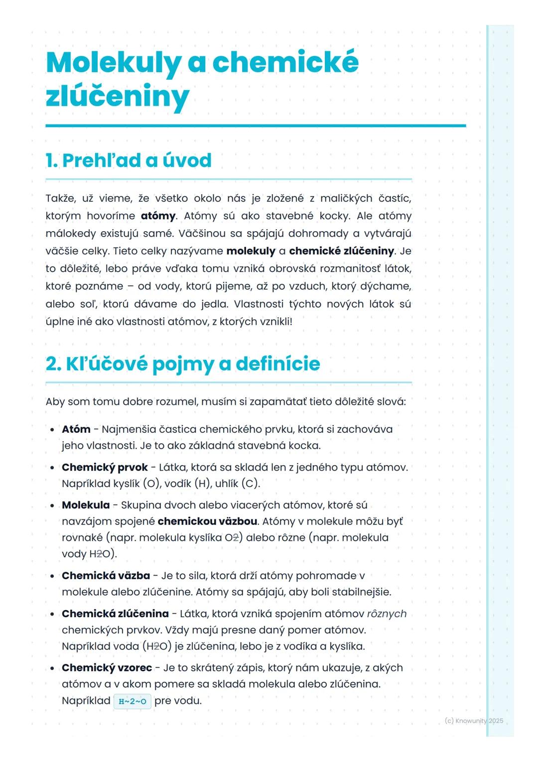 # Molekuly a chemické
zlúčeniny

1. Prehl'ad a úvod

Takže, už vieme, že všetko okolo nás je zložené z maličkých častíc,
ktorým hovoríme ató